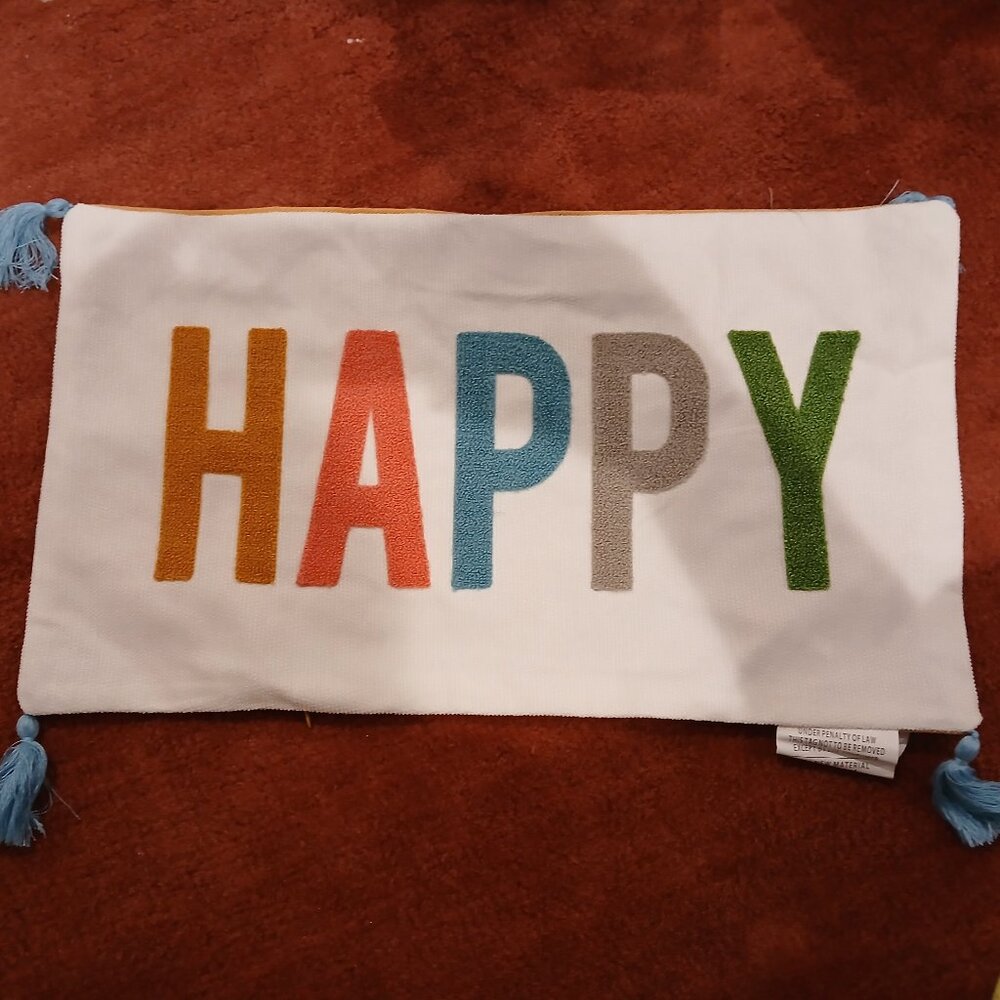Decorative "HAPPY" Embroidered Pillow Cover w/ Corner Tassels - Lumbar Style